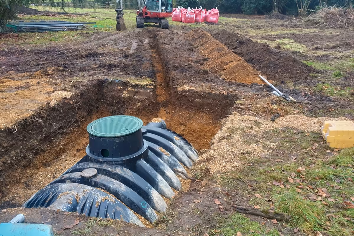 Septic tank set into an excavated trench