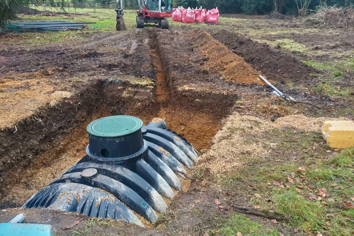 Septic tank set into an excavated trench