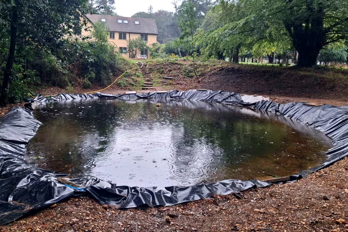 The pond full of water with the liner still showing at the rim, the house and steps behind it
